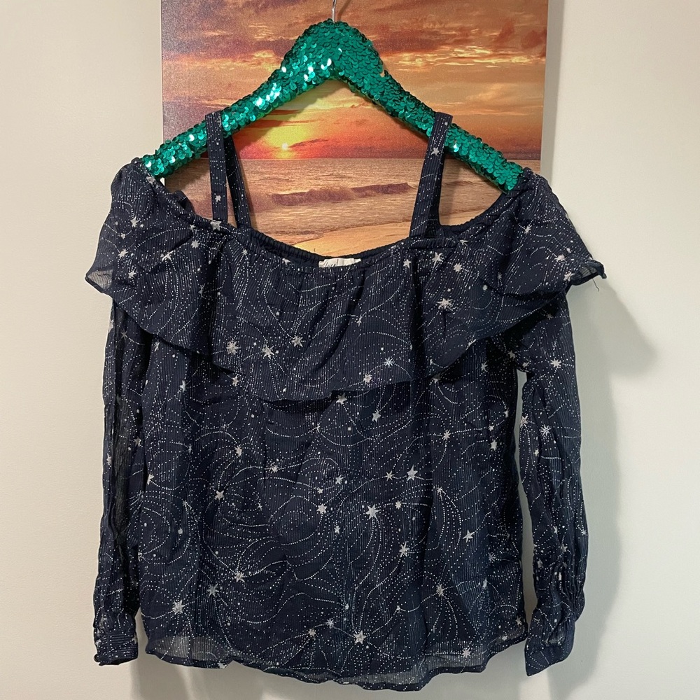 Floreat X Anthropology Navy blue stars celestial off shoulder blouse
